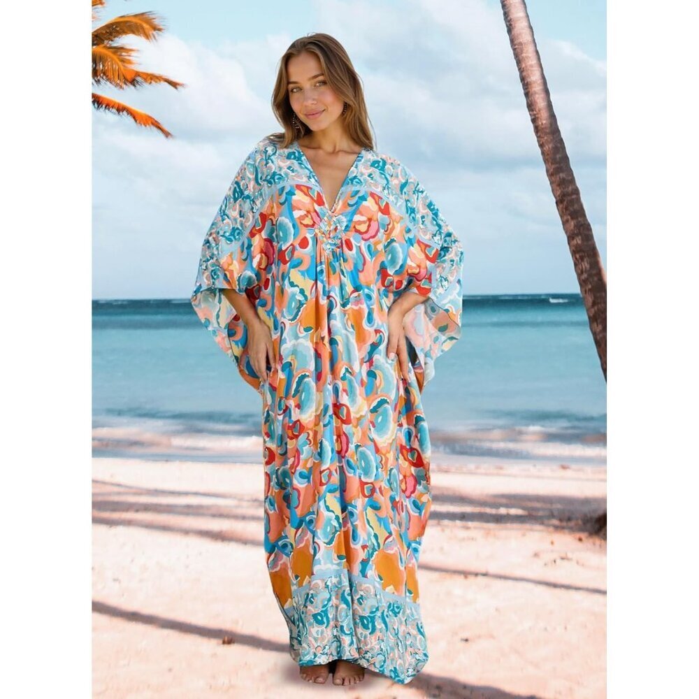 Women Blue Orange Floral V-neck Batwing Sleeve Flowy Split Bohemian Kaftan Dress - Picture 7 of 7